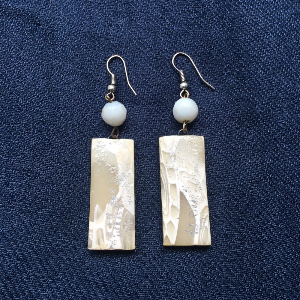 White and silver rectangular hand-made earrings